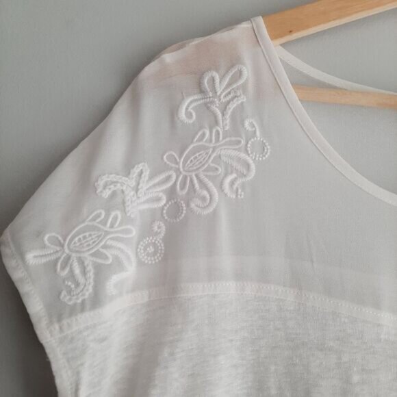 RW&CO Linen Top Semi-Sheer Floral Embroidered Yoke White Top Sz L - Picture 5 of 13